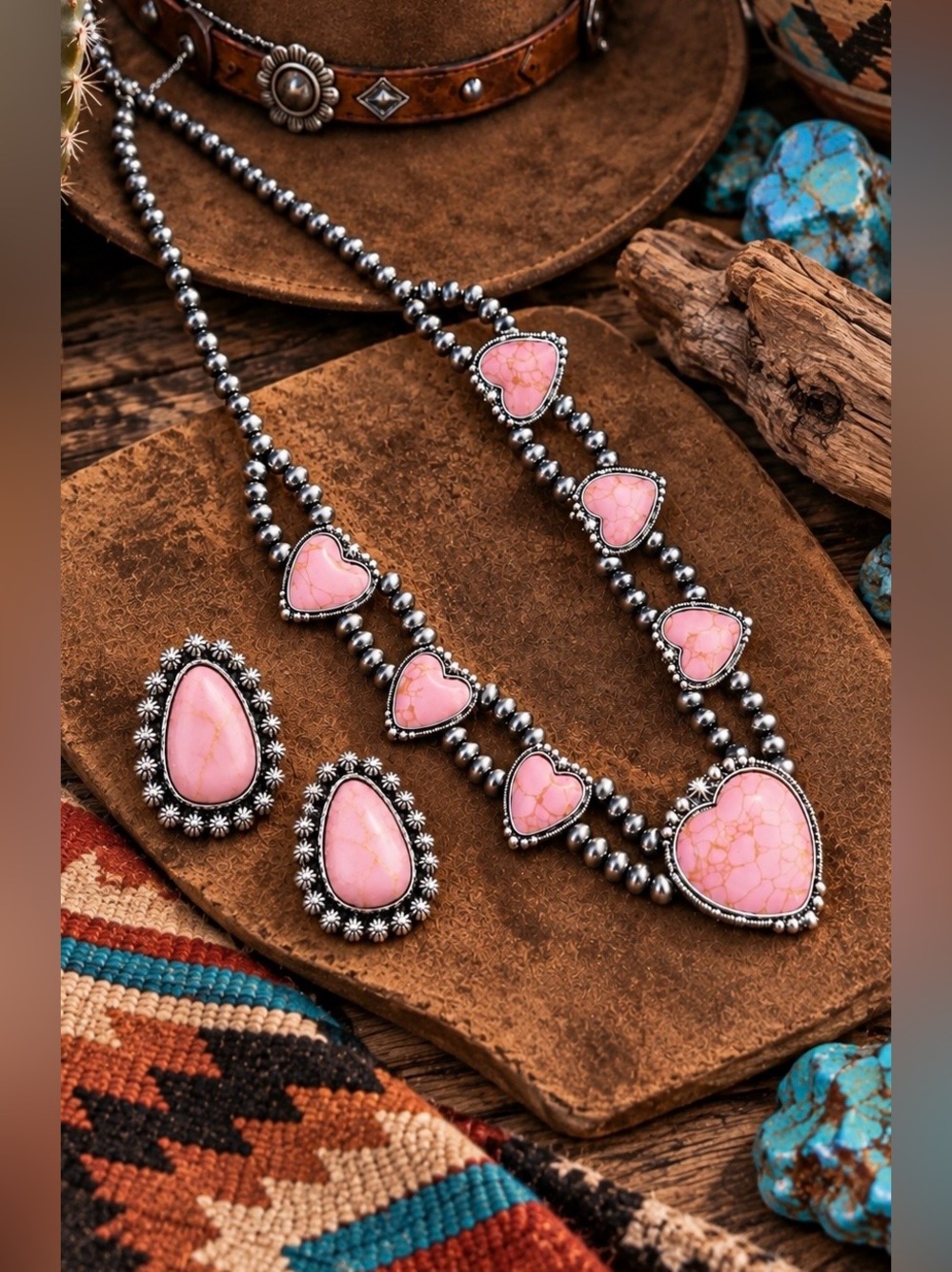 Southwestern Western Costume Faux Pink Conch Heart Beaded Earring Necklace Set